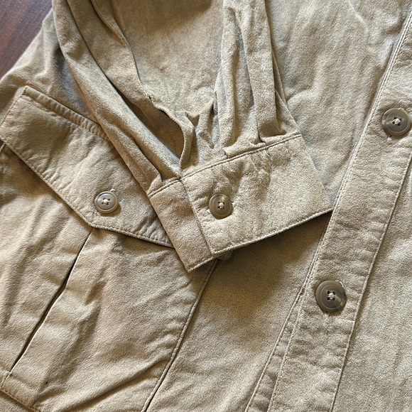 VTG Maus & Hoffman Tan Faux Suede Leather Safari Button Down Mens Shirt Size L - Picture 3 of 11